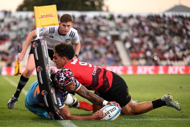 Danny Toala of Moana Pasifika scores a try which was later disallowed.