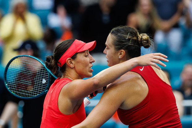Aryna Sabalenka of Belarus embraces Jessica Pegula of the United States after defeating her in the final of the women's singles at the Miami Open.