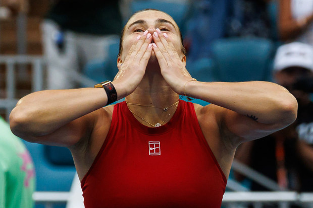 Aryna Sabalenka celebrates her win at the Miami Open
