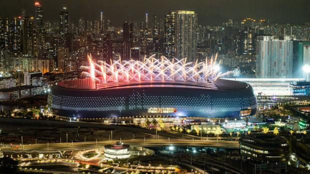 Fireworks are set off after the Hong Kong Sevens at Kai Tak Stadium.