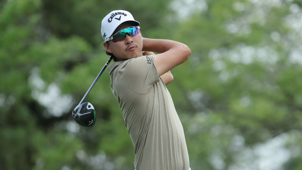 Min Woo Lee of Australia tees off on the 12th hole during the third round of the Texas Children's Houston Open 2025 at Memorial Park Golf Course on March 29, 2025 in Houston, Texas. (Photo by Jonathan Bachman/Getty Images)