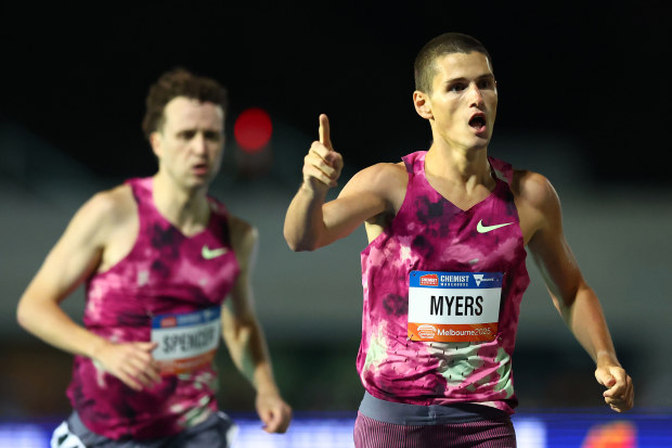 Cameron Myers celebrates after winning the men's 1500 metres.