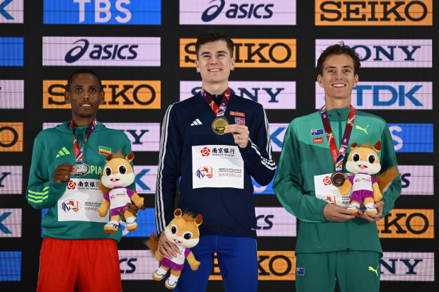From left: Ethiopian silver medallist Berihu Aregawi, Norwegian gold medallist Jakob Ingebrigtsen, and Australian bronze medallist Ky Robinson.