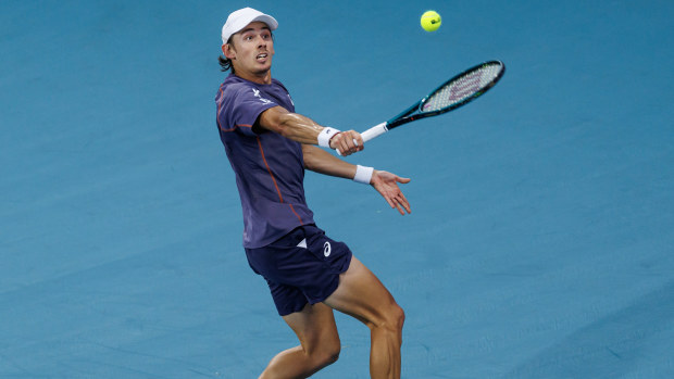 Alex De Minaur strikes a backhand against Matteo Berrettini during their fourth-round clash at the Miami Open.