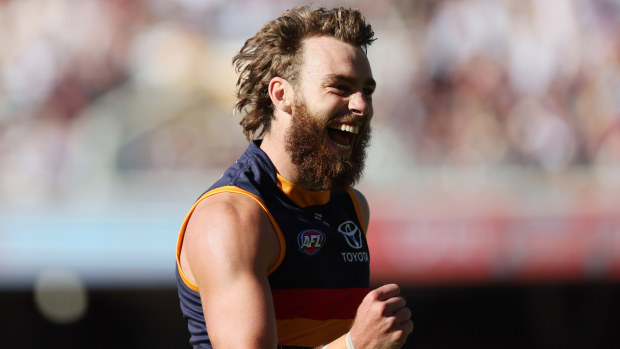 Riley Thilthorpe of the Crows celebrates a goal during the 2025 AFL Round 03 match between the Adelaide Crows and the North Melbourne Kangaroos at Adelaide Oval