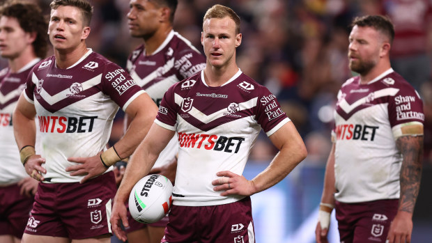 Daly Cherry-Evans and Manly teammates react after conceding a try against the Roosters in their 2024 semi final clash.