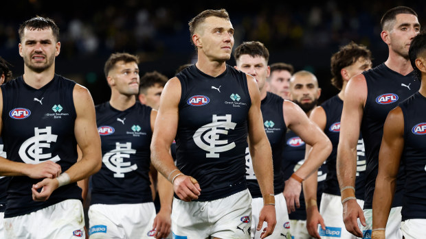 Blues skipper Patrick Cripps looks dejected after his side's round-one loss to the Tigers.