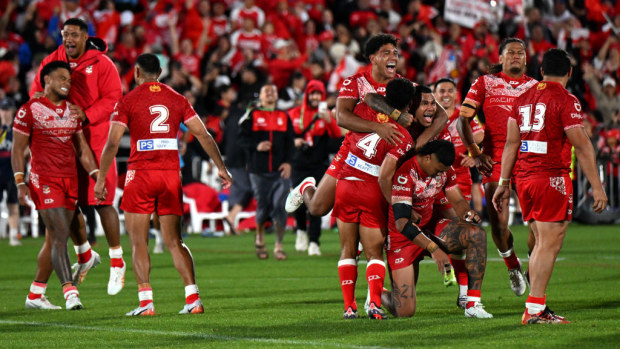 Tonga celebrate winning the men's 2024 Rugby League Pacific Championship.