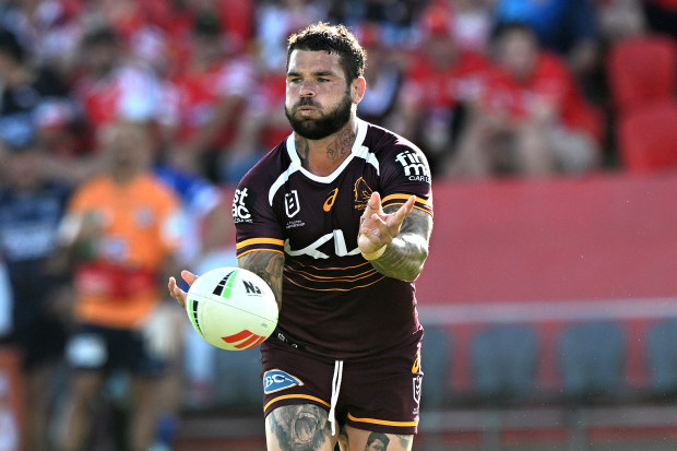 Adam Reynolds passes the ball during the 2025 NRL Pre-Season Challenge match between the Brisbane Broncos and the Canterbury Bulldogs.