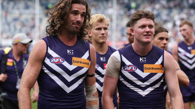 Alex Pearce leads the Dockers off the field.