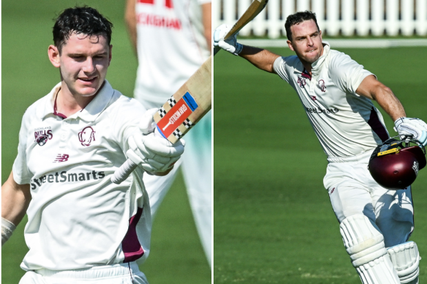 Jack Clayton (left) and Jack Wildermuth celebrate their centuries.
