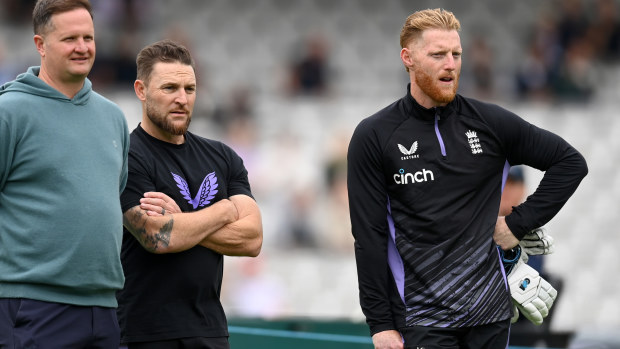 England director of men's cricket Rob Key, head coach Brendan McCullum and Test captain Ben Stokes.