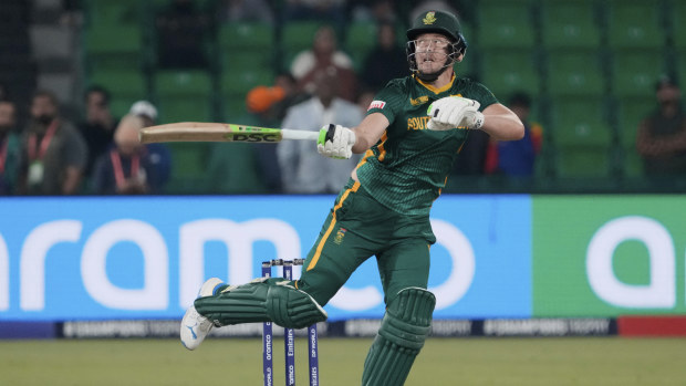 South Africa's David Miller plays a shot.