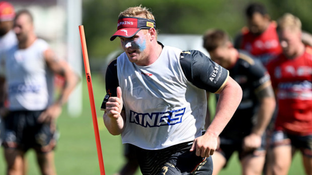 Tom Flegler runs during a Dolphins NRL training session.