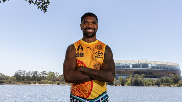 Liam Ryan of the Eagles and Indigenous All Stars squad member poses with the new jumper.