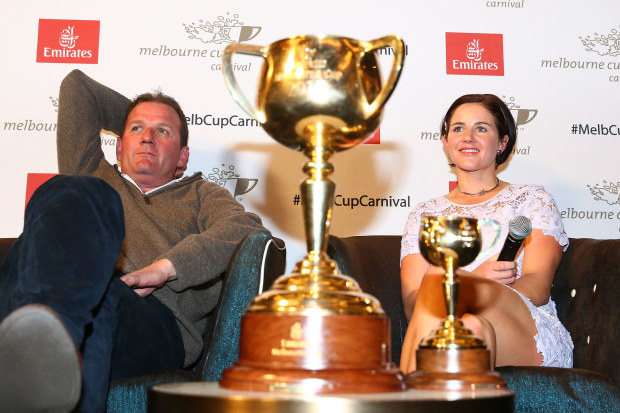 Major owner Sandy McGregor and jockey Michelle Payne pictured in the aftermath of Prince Of Penzance's 2015 Melbourne Cup triumph.