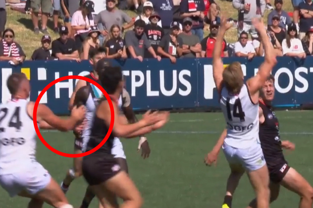 Jordan Sweet pushes Mitch Owens, resulting in a collision with Miles Bergman.