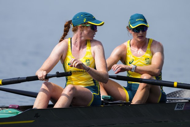 Australian rowing pair Annabelle McIntyre (front) and Jessica Morrison, capturing their moment of bronze success at the Paris Olympics.
