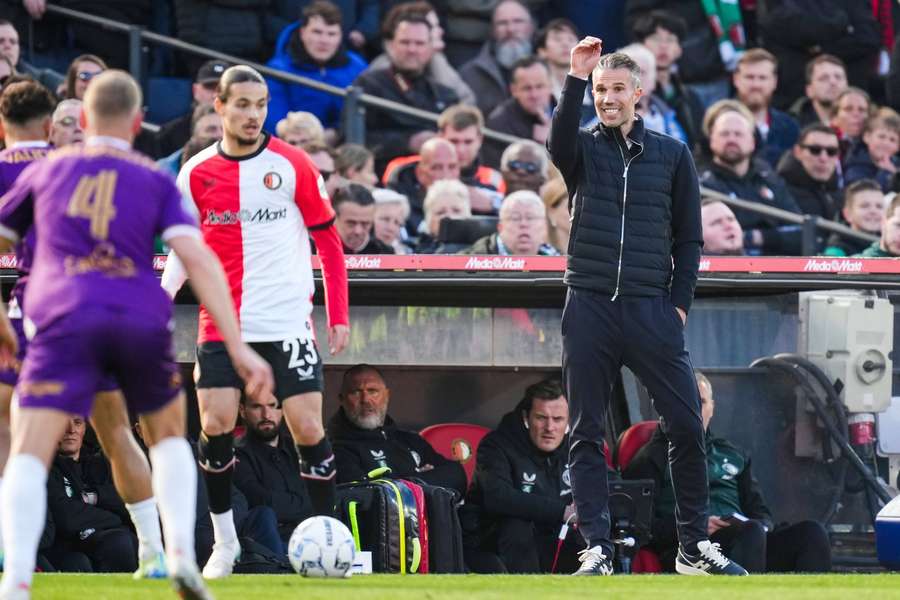Feyenoord manager Robin van Persie coaches his team during the game against Go Ahead Eagles