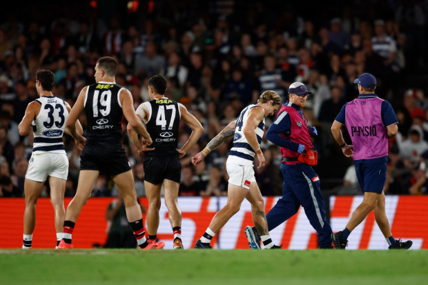 Tom Stewart of the Cats is seen injured .