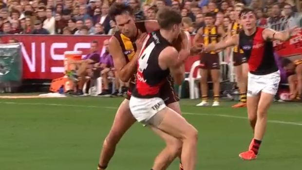 Jack Scrimshaw hits Jordan Ridley high.