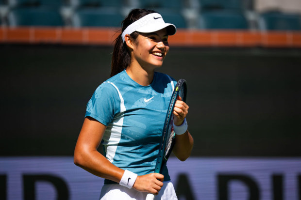 Emma Raducanu during practice ahead of the BNP Paribas Open at Indian Wells Tennis Garden.