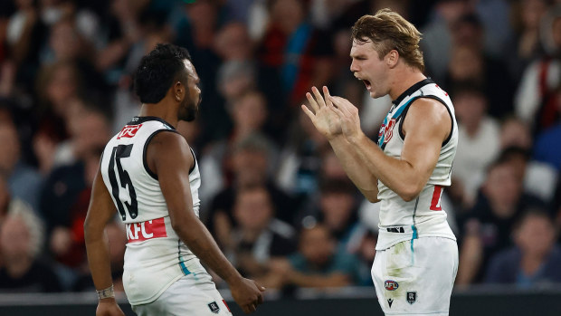 Port Adelaide's Jason Horne-Francis and Willie Rioli.