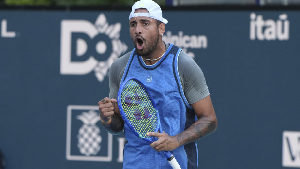 Nick Kyrgios reacts during his match against Mackenzie McDonald at the Miami Open.