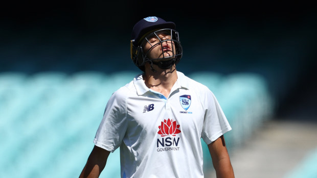 Sam Konstas of the Blues departs the pitch after being dismissed by Scott Boland of Victoria during the Sheffield Shield match between New South Wales Blues and Victoria at Sydney Cricket Ground on February 19, 2025 in Sydney, Australia. (Photo by Jason McCawley/Getty Images)