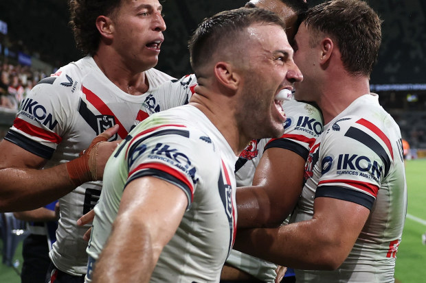James Tedesco celebrates victory in the round two NRL match against the Panthers.