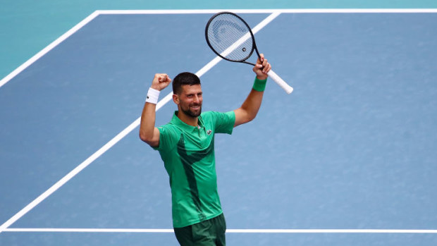 Novak Djokovic of Serbia celebrates his victory against Camilo Ugo Carabelli of Argentina during Day 6 of the Miami Open.