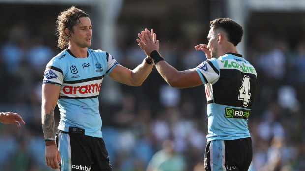 Nicholas Hynes of the Sharks celebrates victory with team mates after the round three NRL match between Cronulla Sharks and South Sydney Rabbitohs at Sharks Stadium, on March 22, 2025, in Sydney, Australia. (Photo by Matt King/Getty Images)