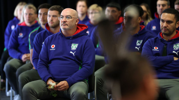New Zealand Warriors CEO Cameron George (C) and the team are welcomed with a powhiri at Mt Smart Stadium.
