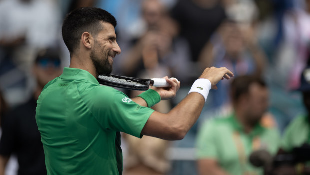 Novak Djokovic of Serbia celebrates after winning the semi-final match against Grigor Dimitrov of Bulgaria at Hard Rock Stadium on March 28, 2025 in Miami Gardens, Florida. (Photo by Michael Pimentel/ISI Photos/Getty Images)