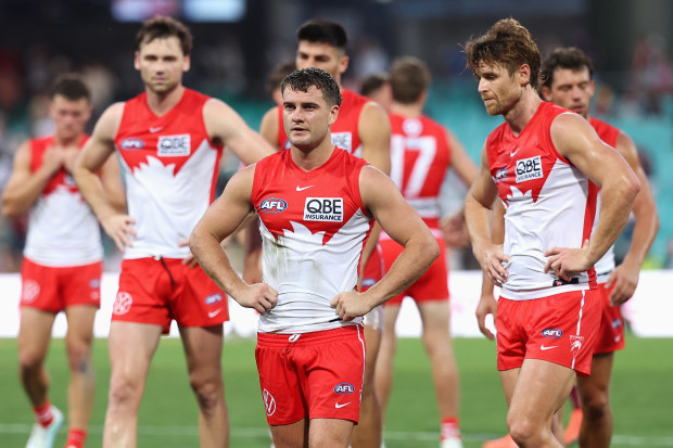 Tom Papley (left) and Dane Rampe walk off after Sydney's defeat to Brisbane.