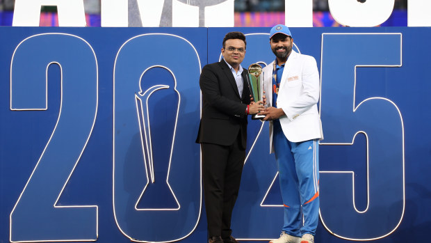 Jay Shah (left), ICC chairman, is seen alongside Indian captain Rohit Sharma during the Champions Trophy final presentation.