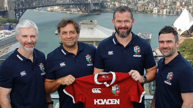Lions coach Andy Farrell with Aled Walters, David Nucifora, and Vinny Hammond in Sydney.