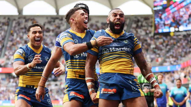 Josh Addo-Carr of the Eels celebrates with teammates after scoring a try during the round three NRL match between Parramatta Eels and Canterbury Bulldogs at CommBank Stadium, on March 23, 2025, in Sydney, Australia. (Photo by Matt King/Getty Images)