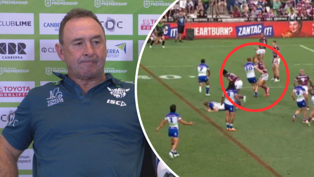 Ricky Stuart visibly frustrated after Corey Horsburgh is penalised for obstruction.