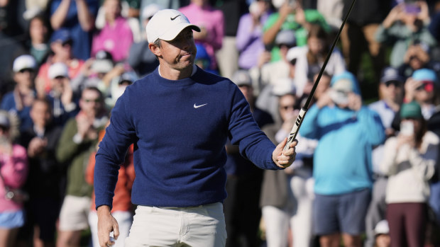 Rory McIlroy of Northern Ireland reacts after winning a playoff round of The Players Championship.