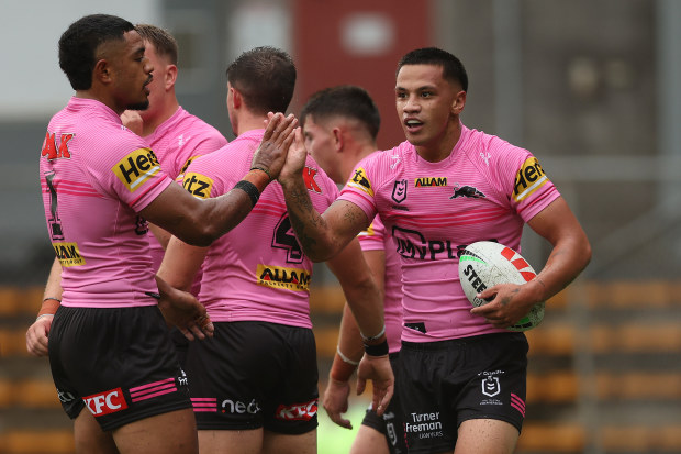 SYDNEY, AUSTRALIA - FEBRUARY 21: Trent Toelau of the Panthers celebrates with teammates after scoring a try during the 2025 NRL Pre-Season Challenge match against the Manly Sea Eagles at Leichhardt Oval on February 21, 2025 in Sydney, Australia. (Photo by Mark Metcalfe/Getty Images)