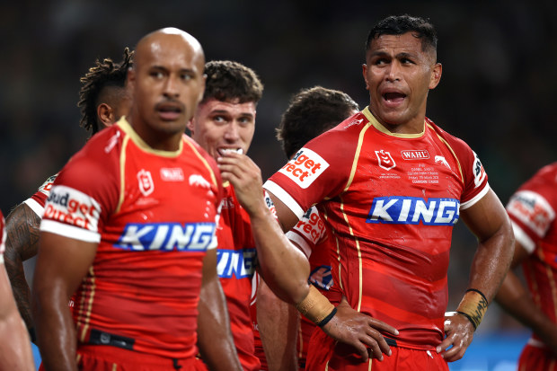 SYDNEY, AUSTRALIA - MARCH 07: Daniel Saifiti of the Dolphins reacts after a Rabbitohs try during the round one NRL match between the Dolphins and South Sydney Rabbitohs at CommBank Stadium on March 07, 2025, in Sydney, Australia. (Photo by Jason McCawley/Getty Images)