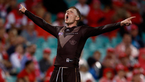 James Sicily celebrates a goal against the Sydney Swans.