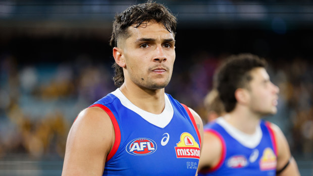 Jamarra Ugle-Hagan of the Bulldogs looks dejected after their 2024 elimination final loss to Hawthorn.