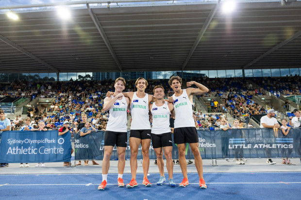 From left: Lachlan Kennedy, Josh Azzopardi, Christopher Ius and Calab Law after breaking the national 4x100m record at the 2025 Sydney Track Classic.