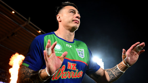 Charnze Nicoll-Klokstad of the Warriors runs out ahead of round 25 NRL match between New Zealand Warriors and Canterbury Bulldogs at Shaun Johnson Stadium, on August 23, 2024, in Auckland, New Zealand. (Photo by Hannah Peters/Getty Images)
