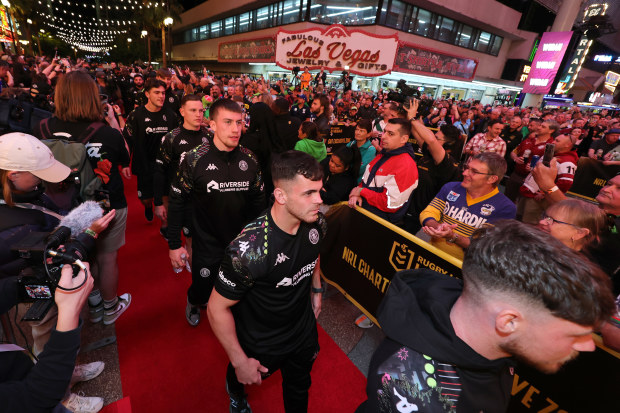 Wigan Warriors players arrive during an NRL fan event at the Fremont Street Experience on February 27, 2025 in Las Vegas, Nevada. (Photo by Ethan Miller/Getty Images)