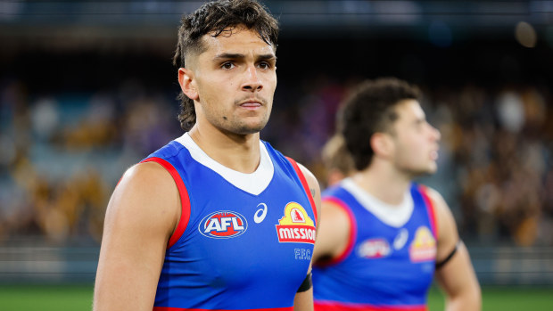 Jamarra Ugle-Hagan of the Bulldogs looks dejected after their 2024 elimination final loss to Hawthorn.