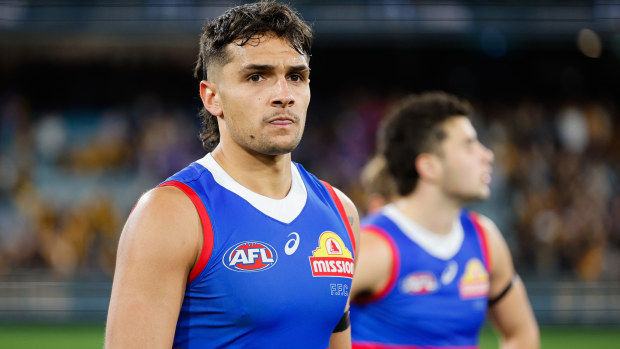 Jamarra Ugle-Hagan from the Bulldogs appears disheartened following their elimination final defeat against Hawthorn in 2024.