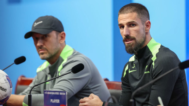 Milos Degenek of Australia at a press conference.